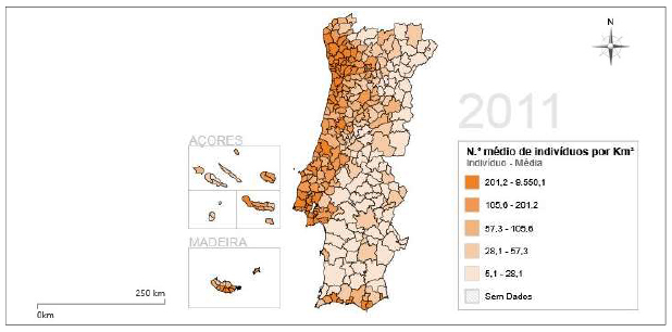 Portugal - Densidade demográfica, Municípios 2011