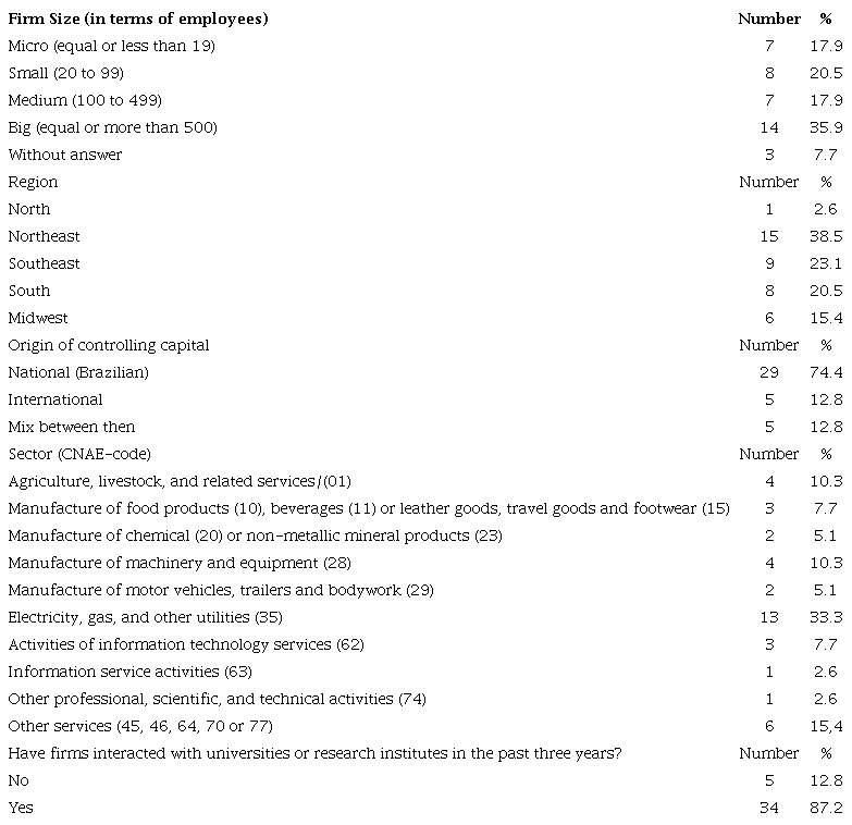 Description of the basic characteristics of the firms analyzed
(Total: 39 firms)