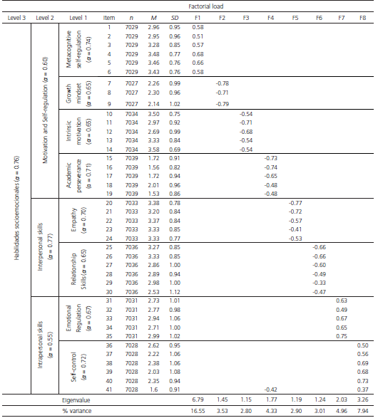 Descriptives, factor loadings and internal consistency of the items