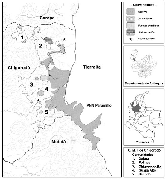 Se indica la localización de las cinco comunidades  embera en Polines y Yaberaradó y la distribución de zonas de importancia cultural. C.M.I. de Chigorodó = Cabildo Mayor Indígena de Chigorodó.