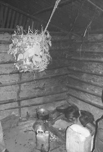 cesta con tamuya  colocada cerca del fuego de la cocina (Sokorpa Yukpa),