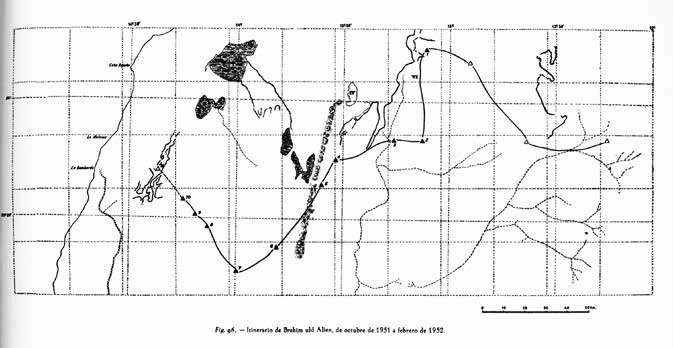 Itinerario de Brahim uld Alien desde octubre de 1951 hasta febrero de 1952, mapa extraído de Caro Baroja (1955). Estudios saharianos. Instituto  de Estudios Africanos.
