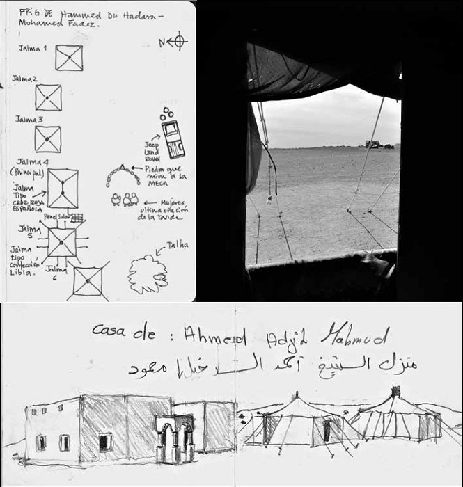 Plano de un frig cerca de Bir Lehlou (pozo de agua dulce) en la zona más árida del Zemmur, que posee vegetación  de wadis.  Se aprecian  seis jaimas donde habitan  tres familias matrilocales. Se da cuenta de los diferentes tipos de jaimas,  donde las antiguas confeccionadas con pelo de cabra y lana de ovejas han desaparecido producto de la guerra y la pérdida del ganado.  Entre  las jaimas  confeccionadas en lona, se distinguen  las entregadas por la Cruz Roja de España y las de fabricación Libia (diario de Campo Raúl Molina,  2012). A la derecha, la fotografía del desierto desde el interior de una jaima (Fotografía Raúl Molina).  Abajo el asentamiento de Ahmed Adjid Mahmud,  entre Meheriz y Tifariti (dibujo, Raúl Molina).