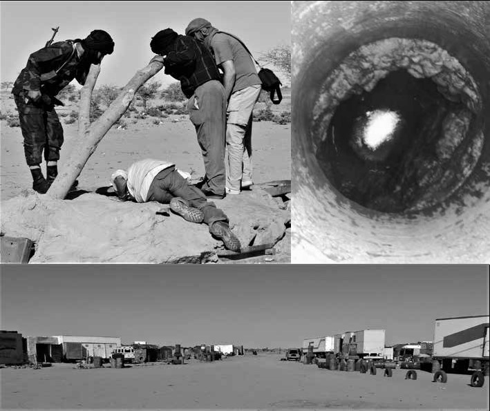 Bir Lehlou, arriba  el pozo de agua dulce y abajo aspectos de centro de abastecimiento nómade en el Sáhara Occidental.