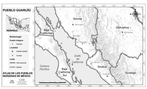 Localización  de los guarijíos en el noroeste mexicano.  Fuente: INPI, 2020.
