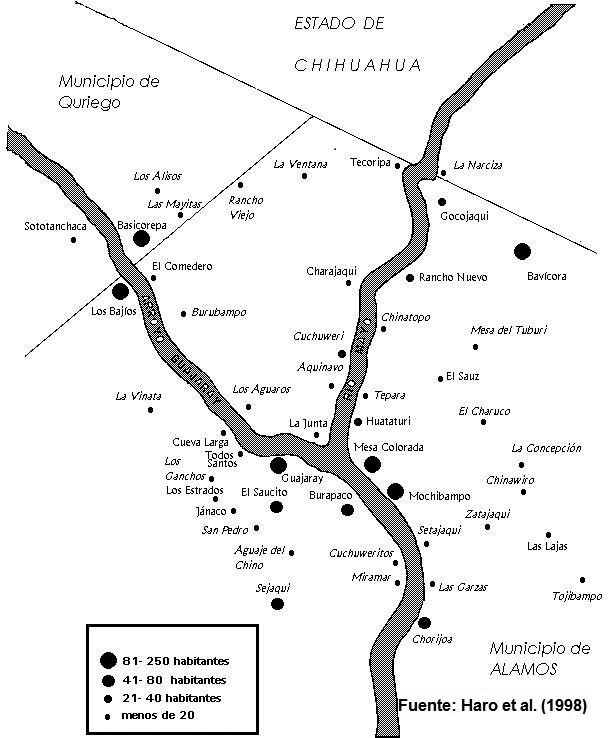 Localidades y densidad poblacional en la región guarijía de Sonora