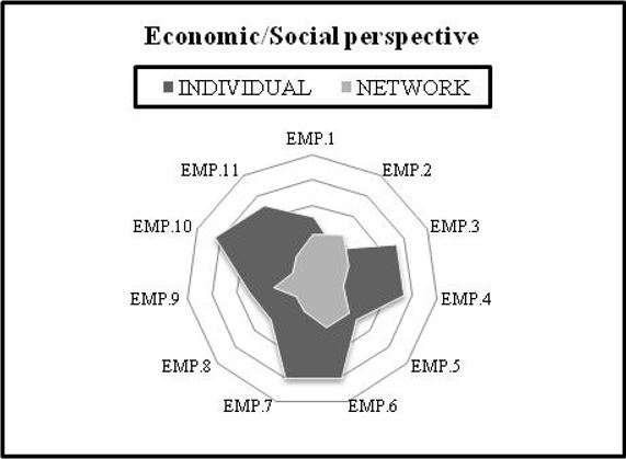 Individual and network management for the Economic/ Social perspective. EMP.1: Company 1; EMP.2: Company 2; EMP.3: Company 3; EMP.4: Company 4; EMP.5: Company 5; EMP.6: Company 6; EMP.7: Company 7; EMP.8: Company 8; EMP.9: Company 9; EMP.10: Company 10; EMP.11: Company 11.
