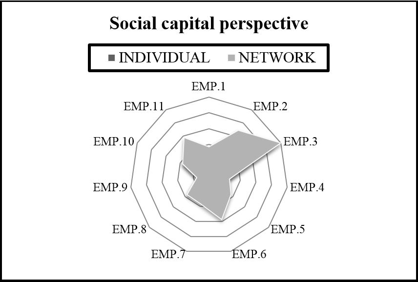 Individual and network management for the Social Capital perspective. EMP.1: Company 1; EMP.2: Company 2; EMP.3: Company 3; EMP.4: Company 4; EMP.5: Company 5; EMP.6: Company 6; EMP.7: Company 7; EMP.8: Company 8; EMP.9: Company 9; EMP.10: Company 10; EMP.11: Company 11.