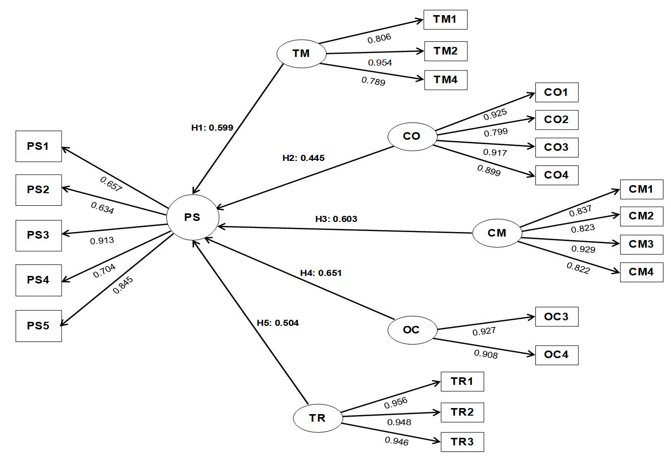 Path diagram for organizational factors and project success.