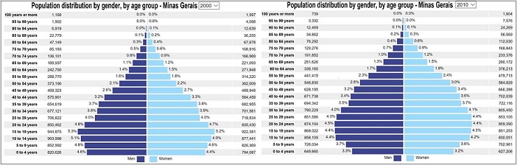 Demographic pyramid shows fast aging population of MG from 2000 to 2010 (Instituto Brasileiro de Geografia e Estatística, 2019).