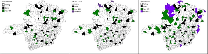 Municipalities selected (43, 45, and 64) for patients’ displacement of at most 180, 120, and 80 km, respectively, to meet health care on medical centers. Municipalities in purple (scenarios 2 a 3) are exception requiring special treatment.