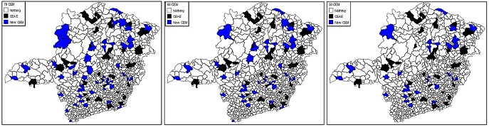 Municipalities selected to operate 70, 60, and 50 medical centers. Since 27 health units (in black) are fixed and available, the state would have to install 43, 33, and 23 new CEM.