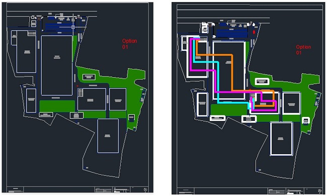 Current Plant Layout and Spaghetti Diagram. Note: The orange line represents the circular loom flow, the green line represents the needle loom flow, and the pink line represents the flat loom flow.