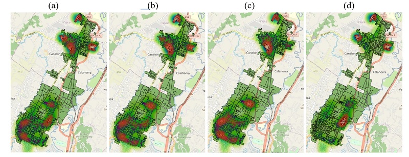 Active F&V retail nanostores across variations in Ch�a and Cajic� with (a) MTTD = 50 days MDOE = 50 days; (b) MTTD = 50 days MDOE = 100 days; (c) MTTD = 100 days MDOE = 50 days; (d) MTTD = 100 days MDOE = 100 days (Scale 1: 65541).