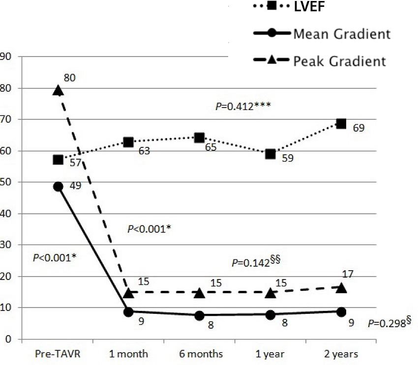 Left ventricular ejection fraction, transaortic peak, and mean
							gradient evolution (mmHg).