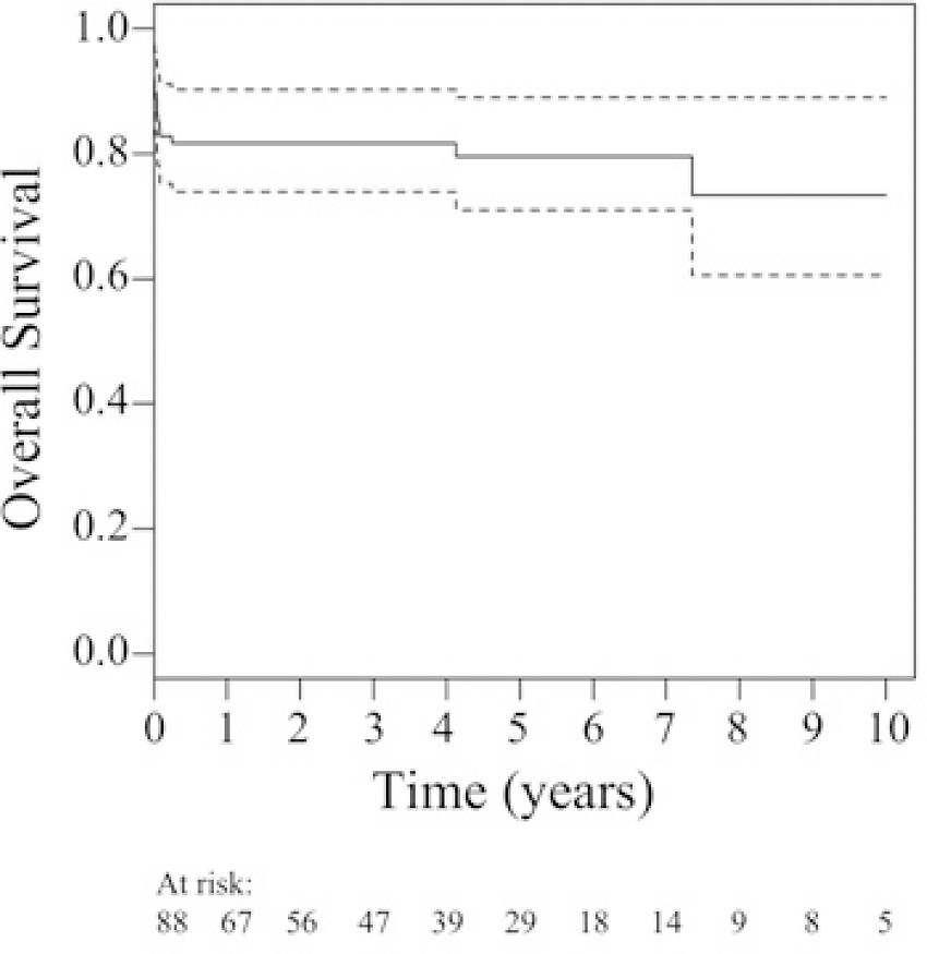 Survival curves of patients with active infective endocarditis
							undergoing surgical treatment.