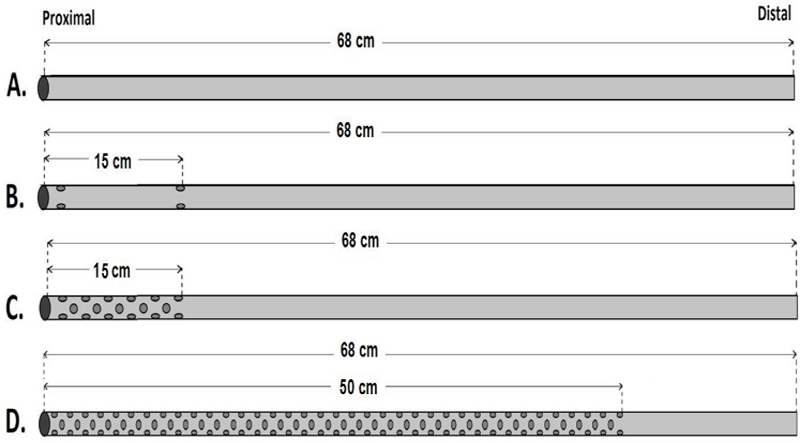 Four mock femoral venous cannulas designed from 1/4&rdquo; polyvinyl
                                chloride (PVC) tubes: single-stage cannula (A), two-stage cannula
                                with six holes (B), multi-stage cannula with 33 holes (C),
                                completely punched cannula (D).