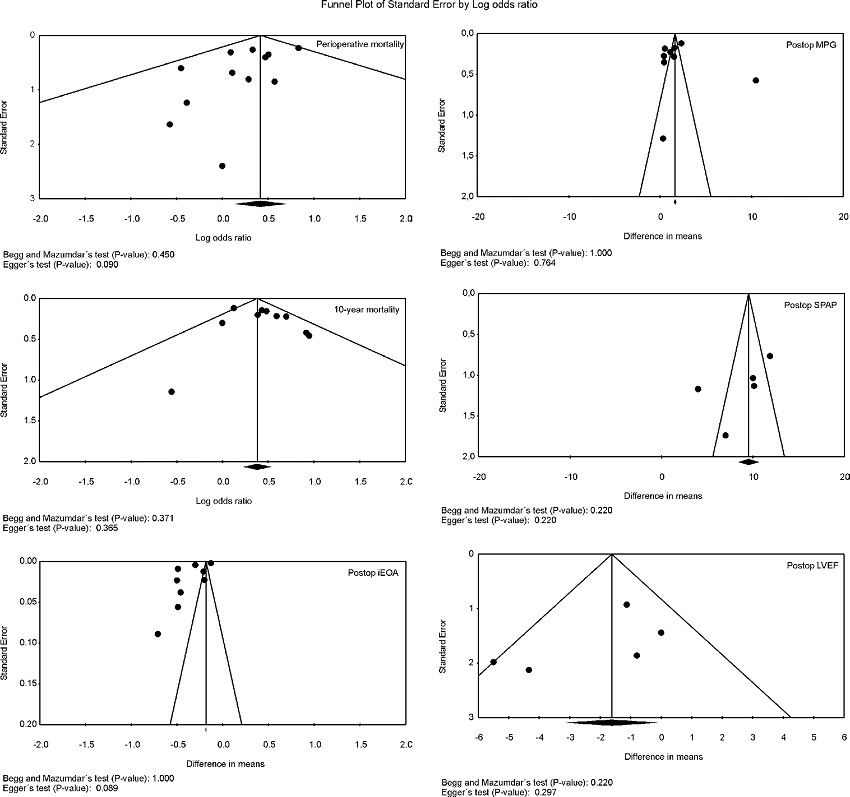 Publication bias. Funnel plot analysis of the outcomes
								perioperative and 10-year mortality.