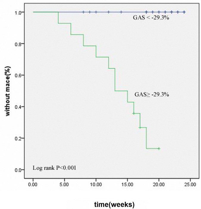 Survival analysis according to global area strain (GAS) markers. There were significant differences between the GAS < -29.3% group and the GAS &ge; -29.3% group. MACE=major adverse cardiac events 
