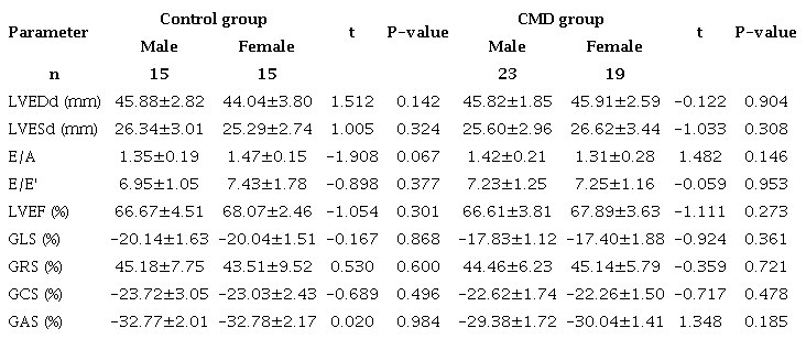 Comparison of conventional echocardiography parameters and left ventricular strain parameters between male and female subjects in the groups.