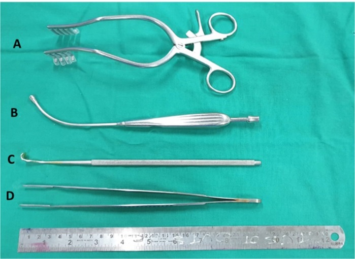 Instruments required: A) Mastoid retractor with rubber inserts on blade tips; B) Olive tip sucker; C) Ventricular septal defect retractors (23 cm length); D) DeBakey vascular forceps (23 cm length).