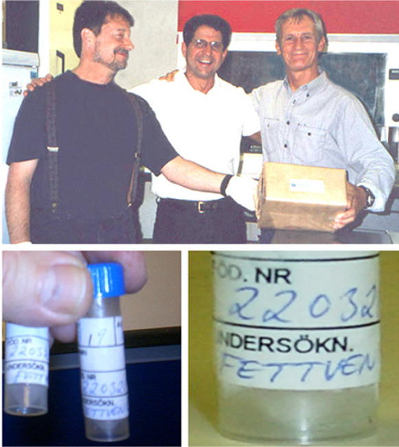 A delivery of ‘FETTVEN’. Top: Domingos Souza (middle) delivers
samples of saphenous vein collected in Örebro. Andrzej Loesch (left)
and Mick Dashwood (right) accept this gift. Lower left: Tubes
containing saphenous vein samples. Lower right: No-touch saphenous
vein tube labelled ‘FETTVEN’.
