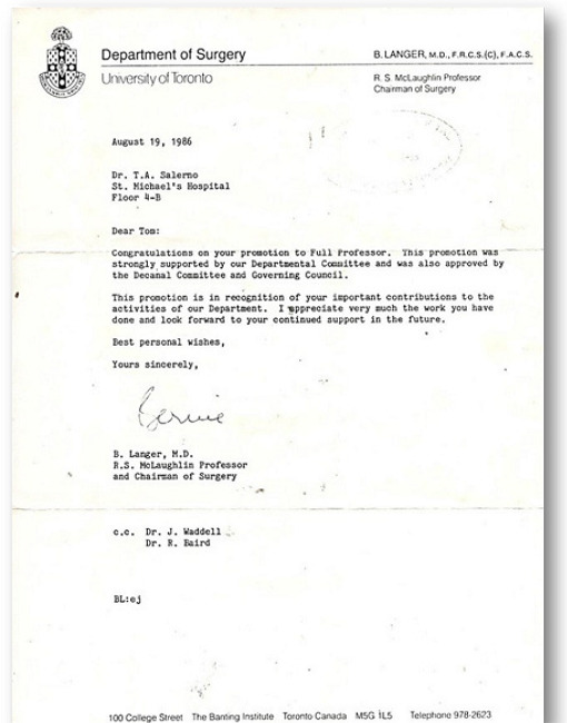 Letter from Dr. Bernard Langer to Dr. Tomas A. Salerno communicating
							the position of Full Professor of Cardiovascular Surgery.