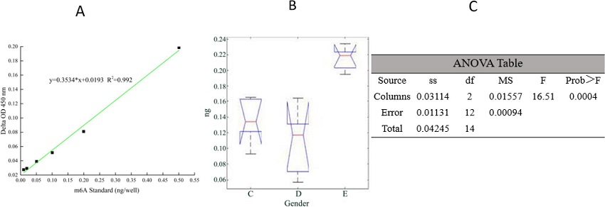 Correlation diagram of N6-methyladenosine (m6A) ribonucleic
								acid methylation results. ANOVA=analysis of variance. df=degrees of
								freedom; F=F-ratio; MS=mean square; SS=sum of squares.