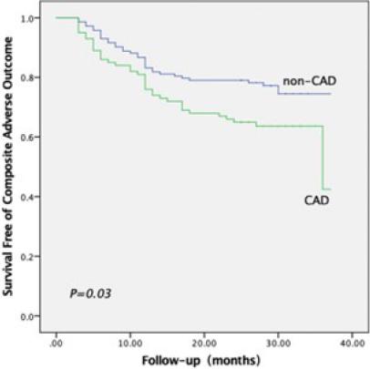 Kaplan&ndash;Meier survival curves for the composite adverse outcome
                                during a median follow-up of 27 months. The event-free survival rate
                                was significantly (P=0.03) worse in patients with atrial
                                fibrillation and coronary artery disease (CAD).