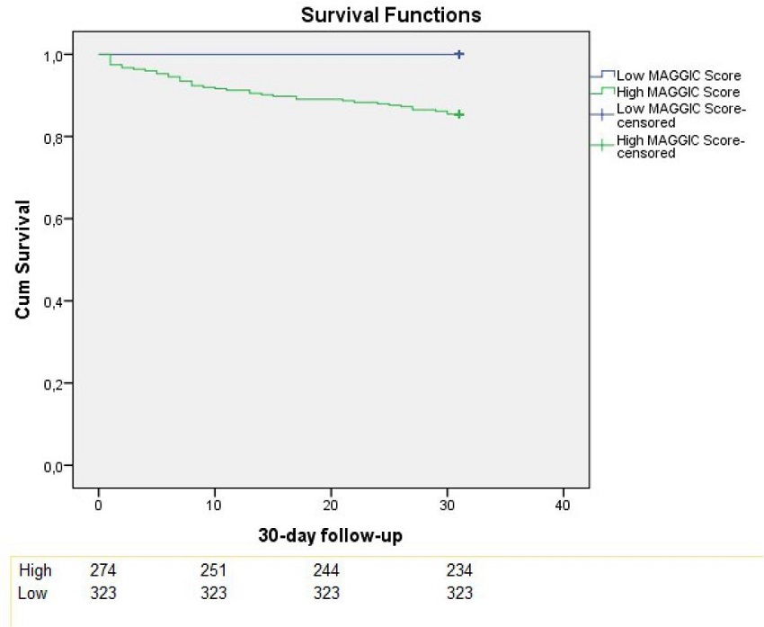 Kaplan-Meier survival curves for early mortality.
							MAGGIC=Meta-Analysis Global Group in Chronic Heart Failure.