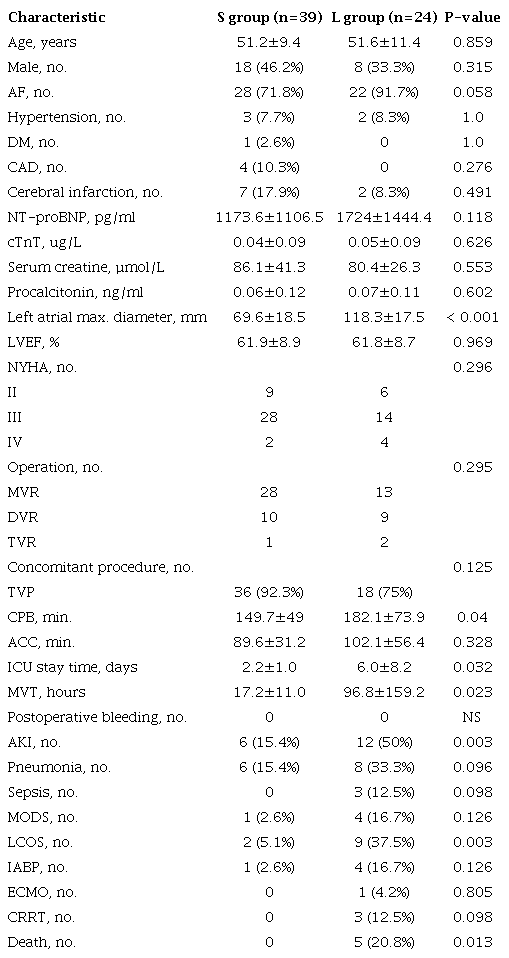 Subgroup analysis (S group: left atrial max. diameter < 96.5 mm; L
group: left atrial max. diameter ≥ 96.5 mm).