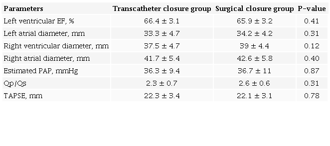 Comparison of echocardiographic data before defect closure in
transcatheter and surgical ASD closure groups.
