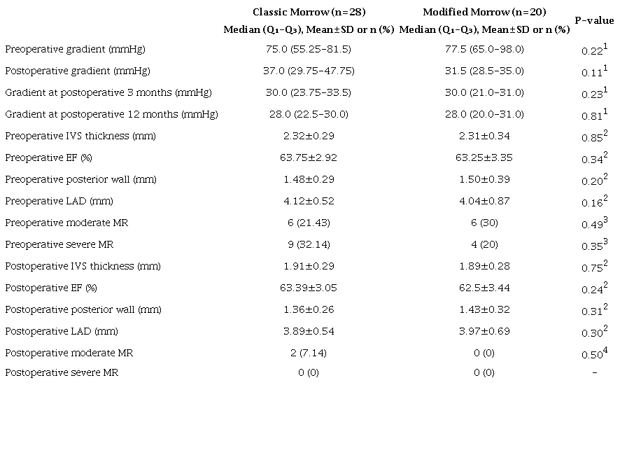Comparison of preoperative and postoperative echocardiographic findings
						between classic Morrow and modified Morrow groups.