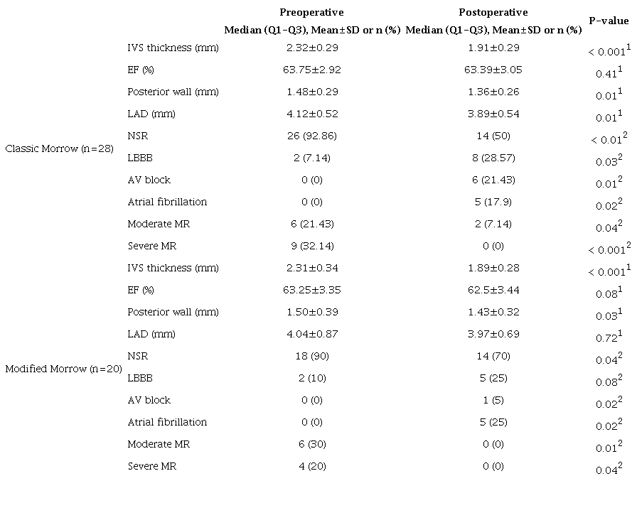 Comparison of preoperative and postoperative electrocardiographic and
						echocardiographic findings between classic and modified Morrow
						groups.