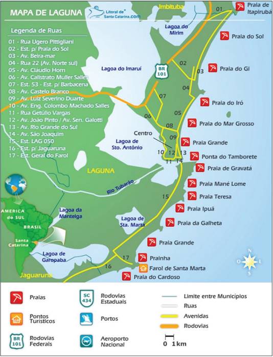 Área de estudo compreendendo as praias do município de Laguna/SC, desde a Praia do Cardoso, ao sul, até a Praia de Itapirubá, ao nordeste da figura.