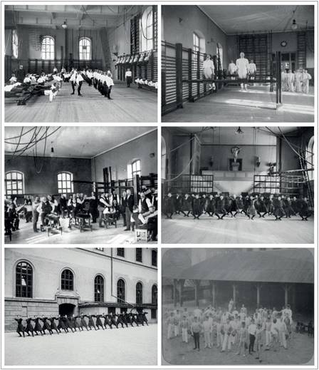 Espaços para ginástica no Instituto Central de Ginástica de Estocolmo, em 1900