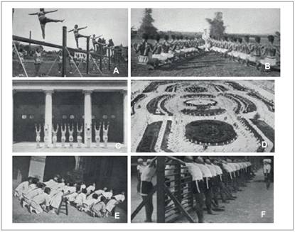 Ginástica sueca pelo mundo - A: Romênia, B: India holandesa, C: Grécia, D: Brasil, E: China, F: Japão