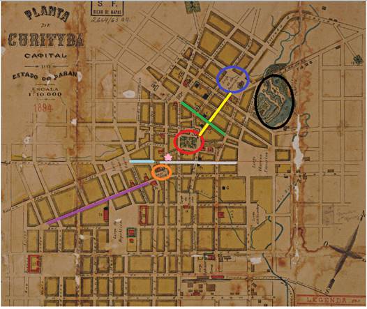 Planta de Curitiba, 1894. Acervo do Arquivo Nacional. Dispon&iacute;vel em: <https://pt.wikipedia.org/wiki/Hist%C3%B3ria_de_Curitiba#/media/Ficheiro:Mapa_da_cidade_de_Curitiba.tif>. Logradouros onde houve iniciativas de patina&ccedil;&atilde;o. Em vermelho, o Largo da Matriz. Em azul escuro, a Pra&ccedil;a 19 de Dezembro. Em preto, o Passeio P&uacute;blico. Em Laranja, a Pra&ccedil;a Zacarias. Em amarelo, a Rua da Graciosa (atual Bar&atilde;o do Serro Azul). Em verde, Rua do Fogo (atual S&atilde;o Francisco). Em lil&aacute;s, Rua Aquidab&atilde; (atual Emiliano Perneta). Em rosa, esquina da Rua da Assembleia (atual Rua Dr. Muricy) e Rua Alegre (atual Dr. C&acirc;ndido Leit&atilde;o). Em azul claro, a regi&atilde;o da atual Avenida Luiz Xavier (constru&iacute;da no in&iacute;cio do s&eacute;culo XX). Em cinza, Rua 15 de Novembro