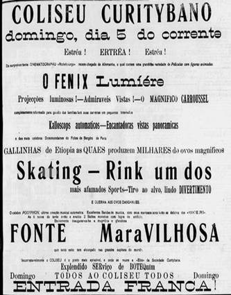 An&uacute;ncio do Coliseu Curitibano. Di&aacute;rio da Tarde, 3 nov. 1905, p. 3