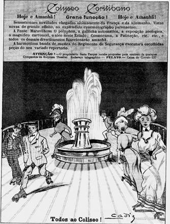 Coliseu. Gravura da pista de patina&ccedil;&atilde;o com a fonte iluminada ao centro. Vale observar a distin&ccedil;&atilde;o das roupas dos praticantes. Revista Olho da Rua42, 12 out. 1907, p. 28