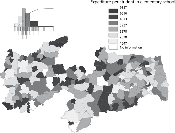 Map of spending per pupil in the municipalities of Paraíba, 2015.