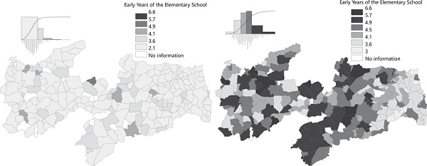 Map of the municipalities of Paraíba for IDEB Index in basic education, 2011 and 2015.