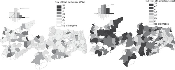 Map of the municipalities of Paraíba for IDEB Index in lower secondary education, 2011 and 2015.