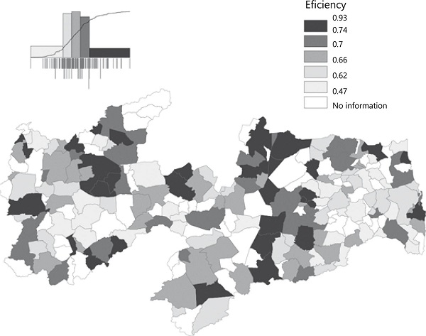 Map of the municipalities of Paraíba in agreement with the results obtained in the model of technical efficiency.