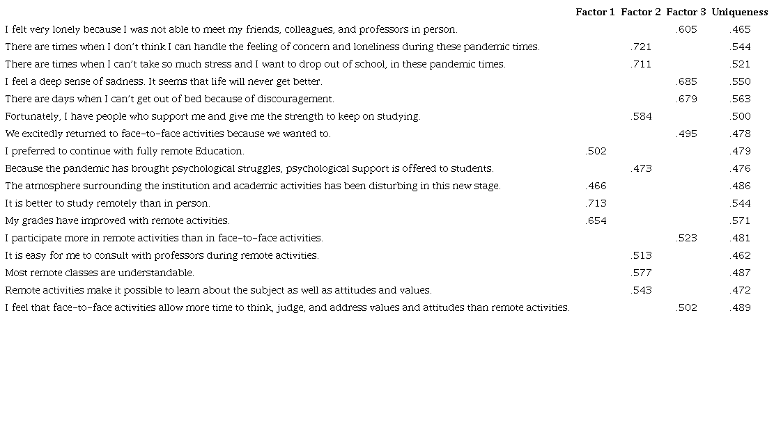 Factor loadings for each factor