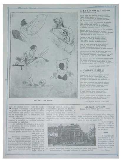 Página 12 da revista do dia 16 de dezembro de 1924, ano VI, n. 21. Destaque para a ilustração do alto da página: a mulher da atualidade e seu novo modo de ser - em qualquer momento e em qualquer situação, o importante era manter-se sempre bem informada.