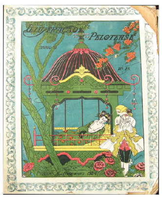 Capa da revista do dia 1º de novembro de 1924, ano VI, n. 18. No todo da página, campos estilísticos variados. A mulher, oriental, tem ao lado um homem com vestimenta aristocrática. De um lado, as formas orgânicas e, de outro, a inspiração de pinturas japonesas, típicas da Belle Époque.