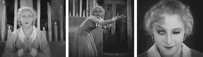Brigitte Helm como Maria (esquerda) e a androide (centro e direita) em Metropolis(1927)