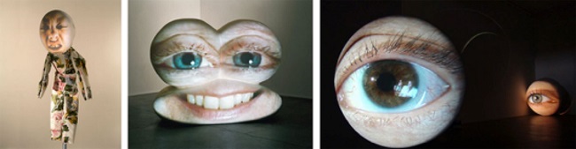 Obras de Tony Oursler: Crying doll (1993), Caricature (2002) e Obscura (2014).