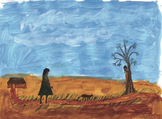 Ilustra&ccedil;&atilde;o para o canto de M&otilde;gm&otilde;ka (gavi&atilde;o) da hist&oacute;ria de M&atilde;t&atilde;n&atilde;g, em Hitupm&atilde;&rsquo;ax (2008), p. 40-1: M&atilde;t&atilde;n&atilde;g encontra o esp&iacute;rito-y&atilde;m&icirc;y de seu marido detr&aacute;s de uma &aacute;rvore. Ele tem uma cobra enrolada em seu pesco&ccedil;o.